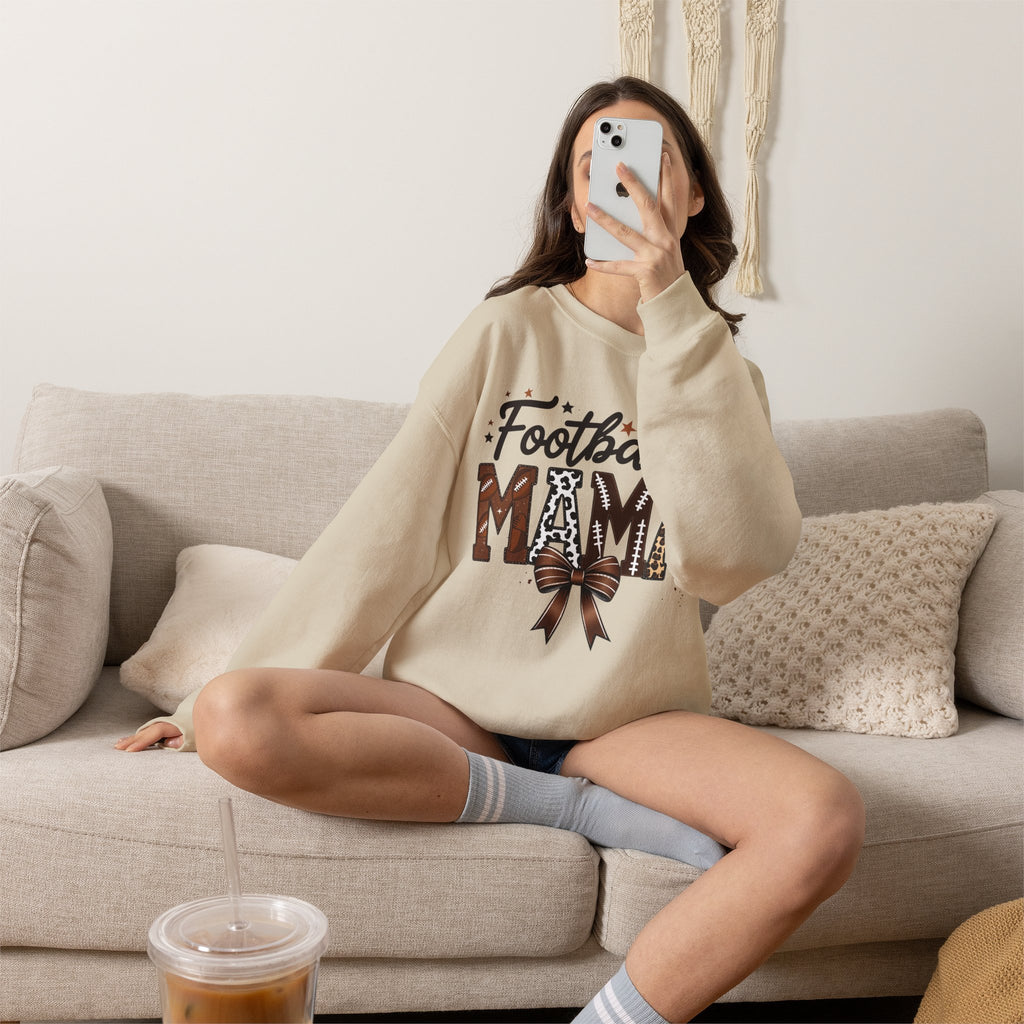 Football Mama Crewneck Sweatshirt — Leopard Print & Bow Mom Fan Pullover