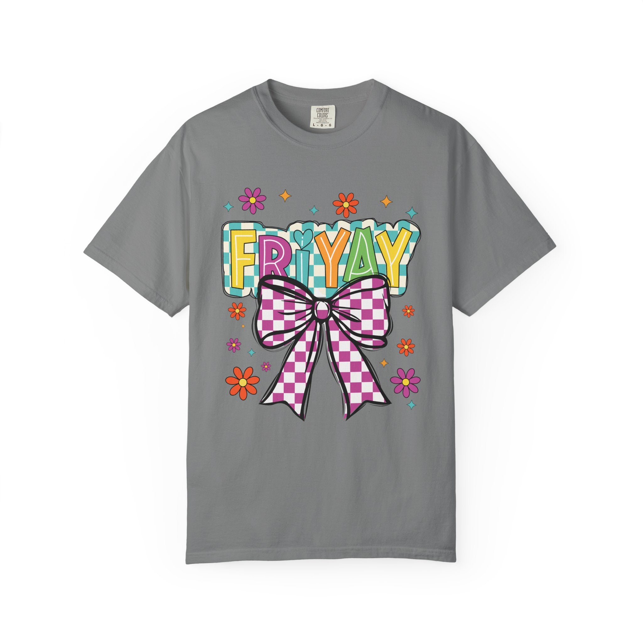 FriYay Graphic T-Shirt — Colorful Bow & Floral Retro Design
