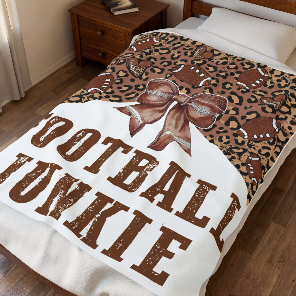 Football Junkie Velveteen Plush Blanket — Leopard Print, Football Bow Throw
