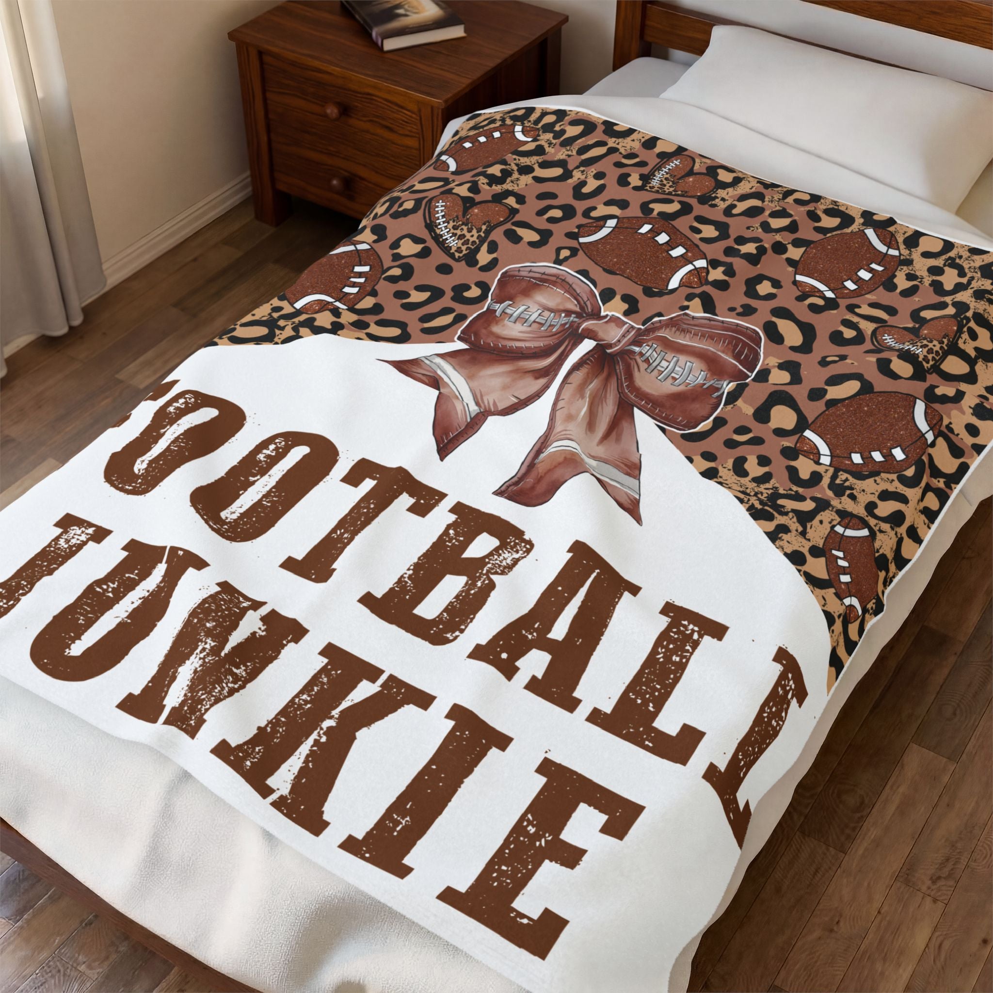 Football Junkie Velveteen Plush Blanket — Leopard Print, Football Bow Throw