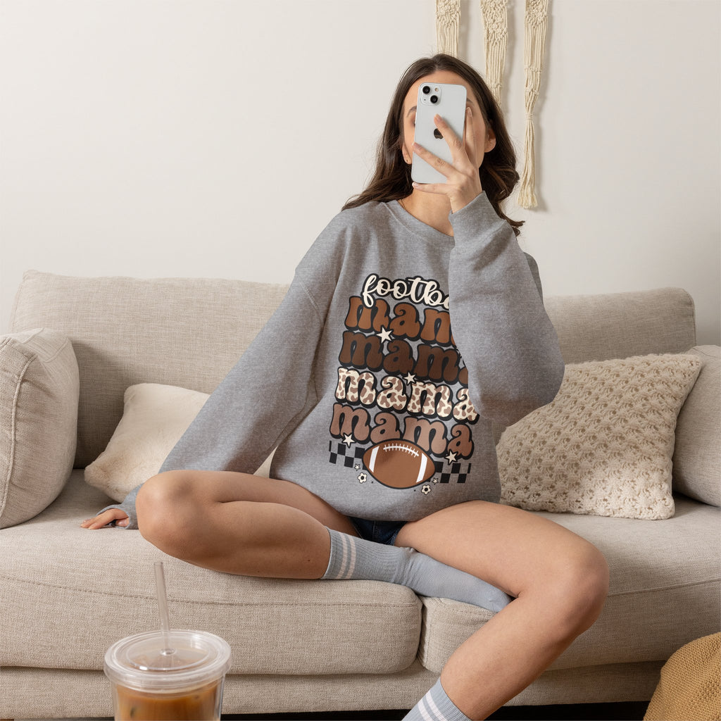 Football Mama Crewneck Sweatshirt — Retro Stacked "Mama" Design for Game Day