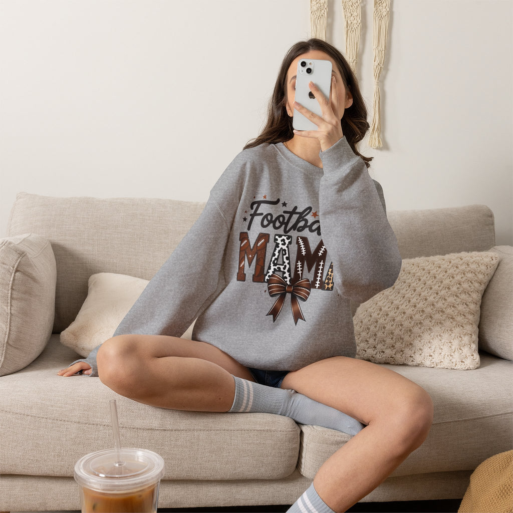 Football Mama Crewneck Sweatshirt — Leopard Print & Bow Mom Fan Pullover