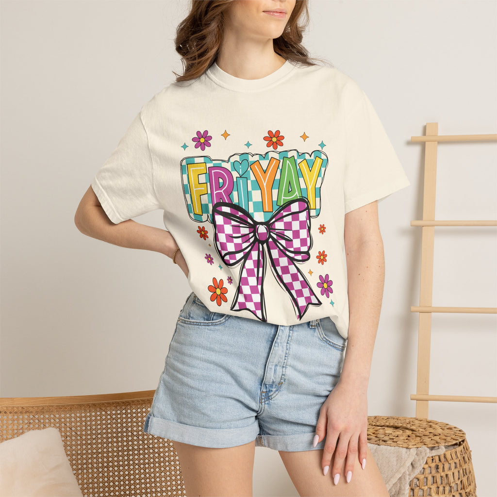 FriYay Graphic T-Shirt — Colorful Bow & Floral Retro Design
