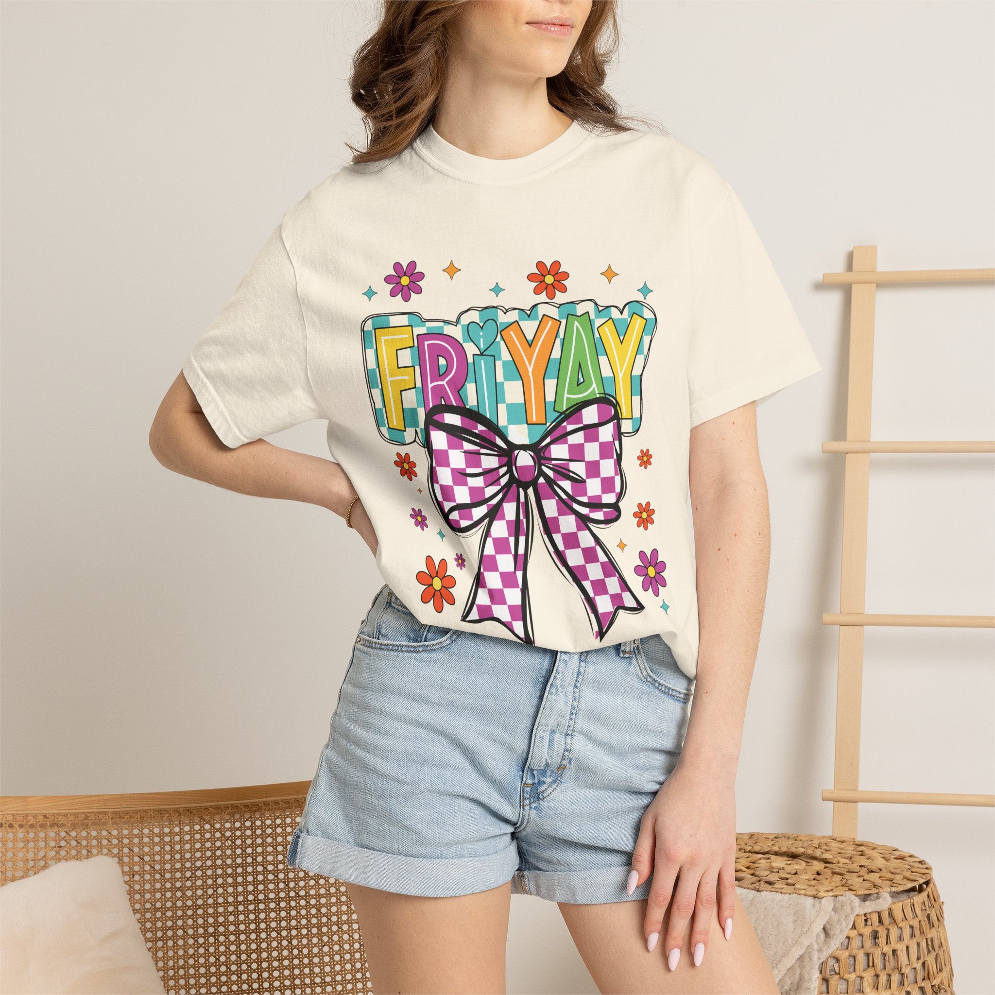 FriYay Graphic T-Shirt — Colorful Bow & Floral Retro Design