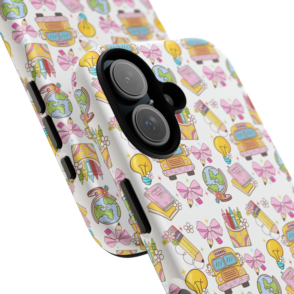 Cute School Icons Tough Phone Case — Back-to-School Pink Notebook Bus Globe Pattern