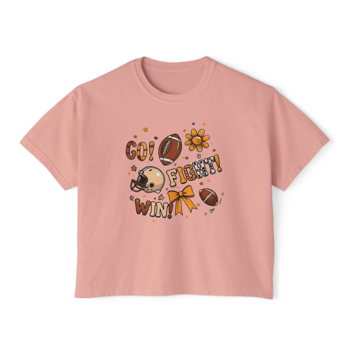 Football Cheer Boxy Tee — "Go! Fight! Win!" Women's Game Day Shirt