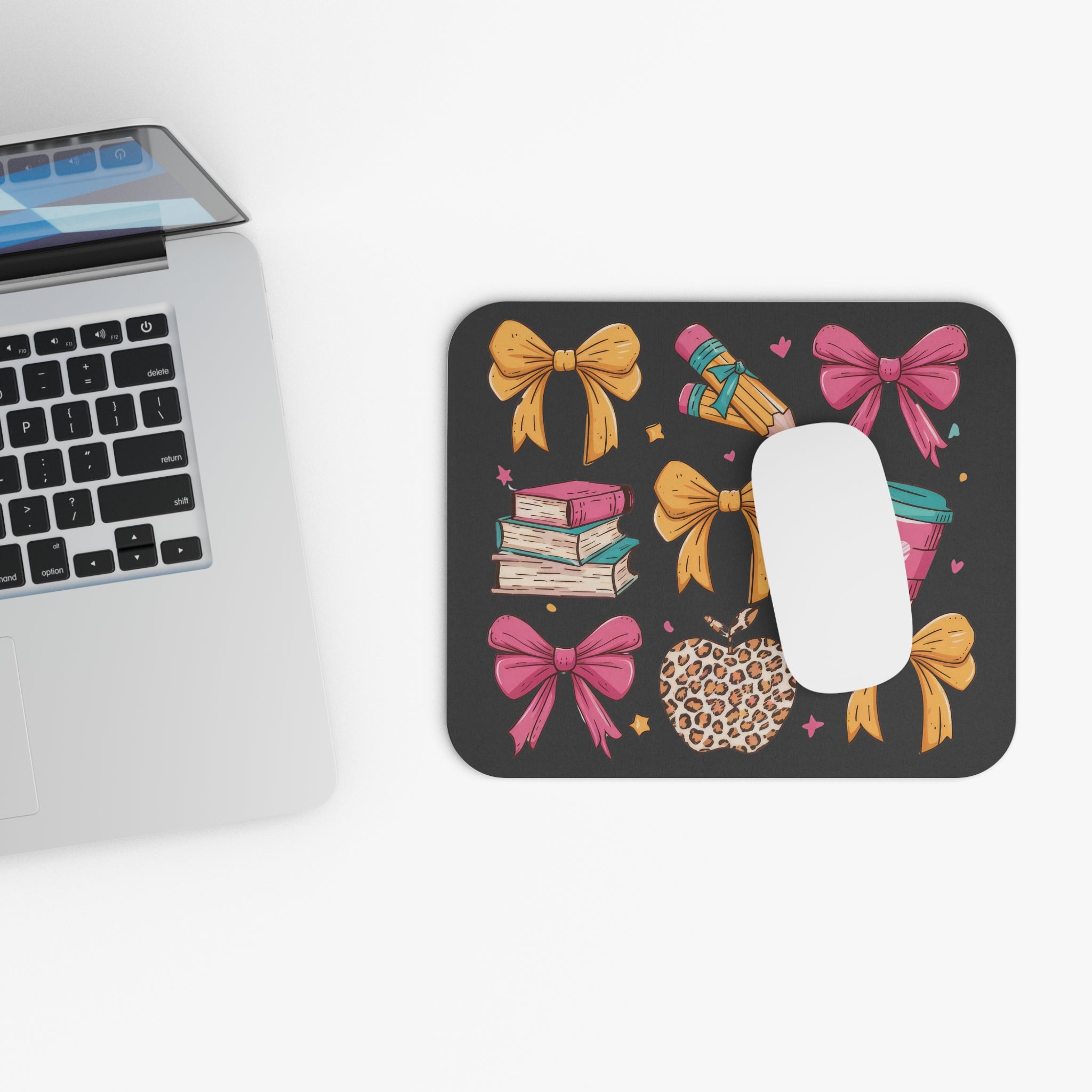 Cute Schoolgirl Bows & Books Mouse Pad — Leopard Apple, Pencils & Coffee Desk Mat