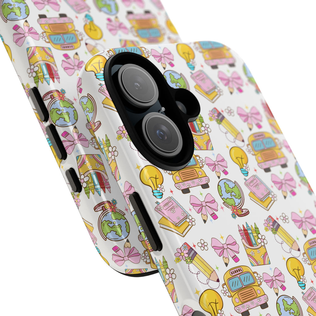 Cute School Icons Tough Phone Case — Back-to-School Pink Notebook Bus Globe Pattern