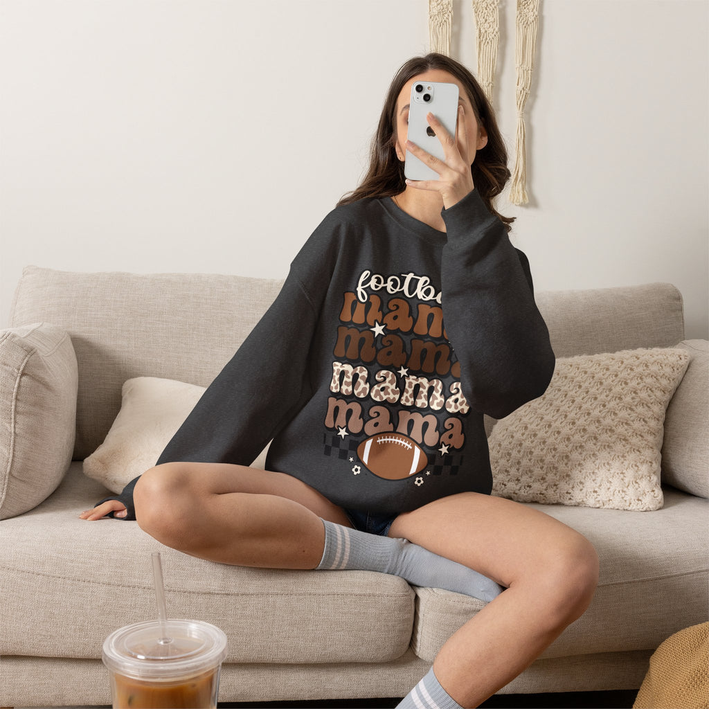 Football Mama Crewneck Sweatshirt — Retro Stacked "Mama" Design for Game Day