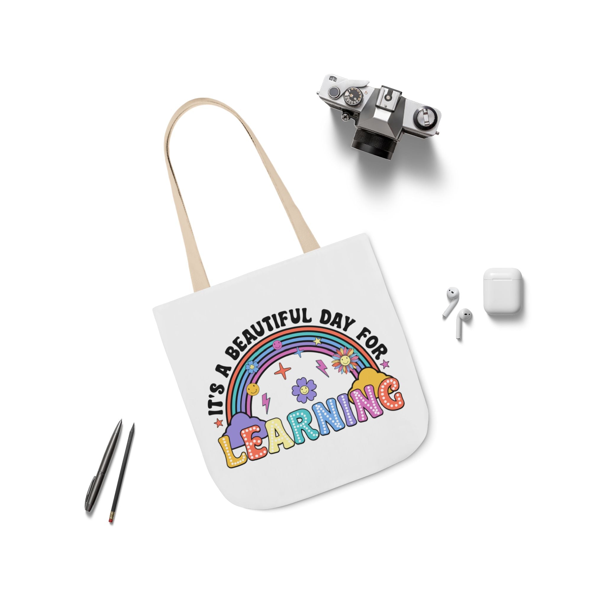 Learning Rainbow Tote Bag — "It's a Beautiful Day for Learning" Canvas Tote