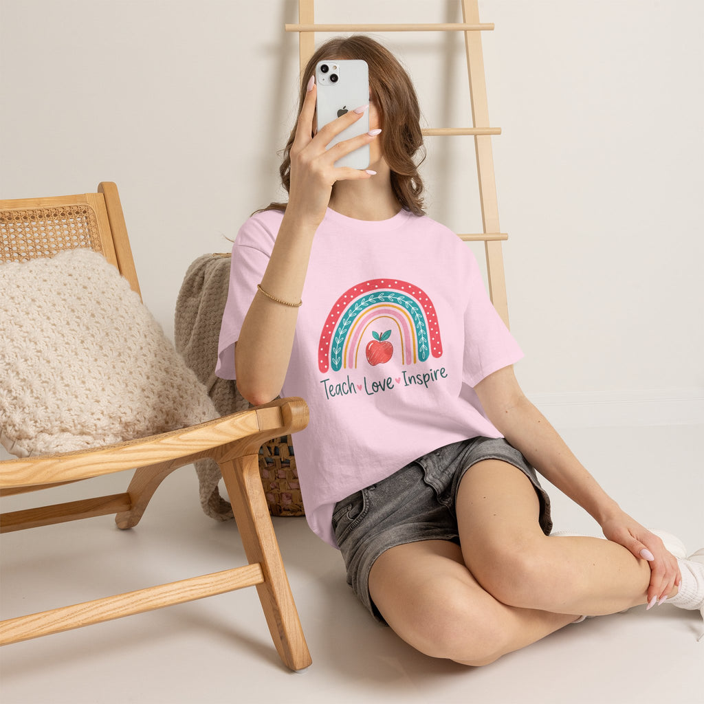 Teacher Rainbow Tee — "Teach • Love • Inspire" Cotton Shirt