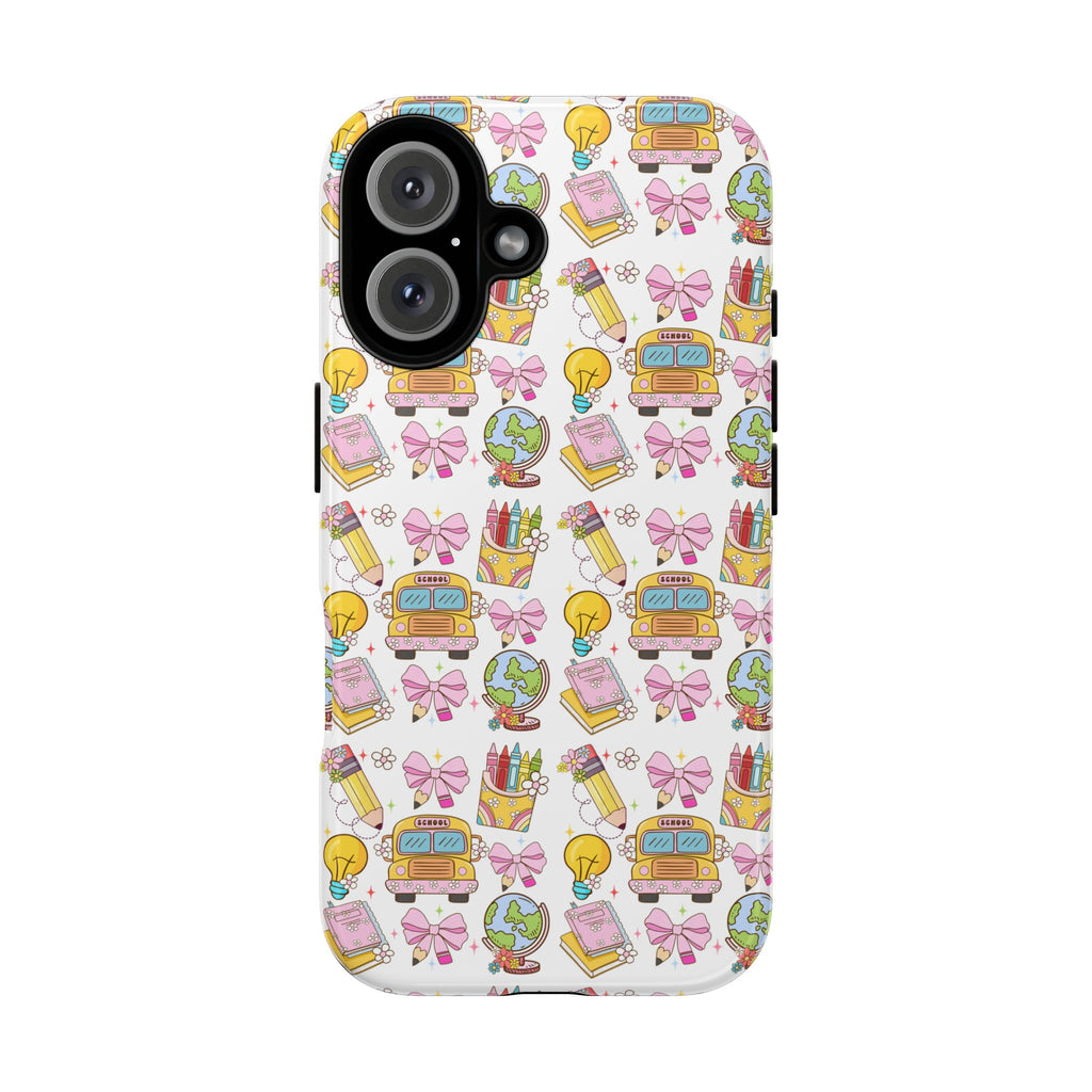 Cute School Icons Tough Phone Case — Back-to-School Pink Notebook Bus Globe Pattern