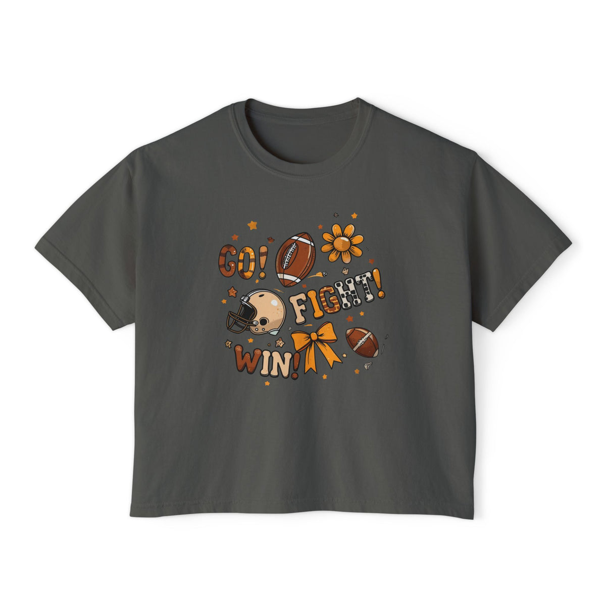 Football Cheer Boxy Tee — "Go! Fight! Win!" Women's Game Day Shirt
