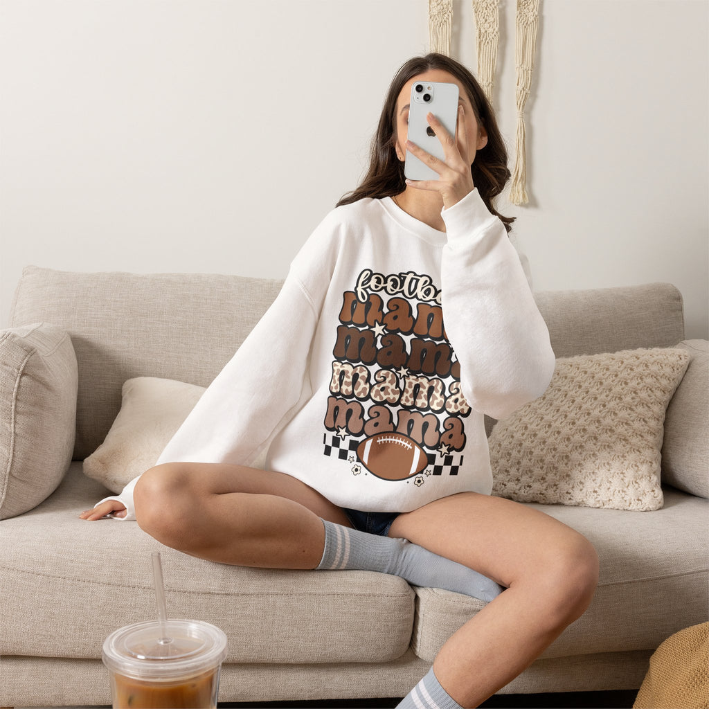 Football Mama Crewneck Sweatshirt — Retro Stacked "Mama" Design for Game Day