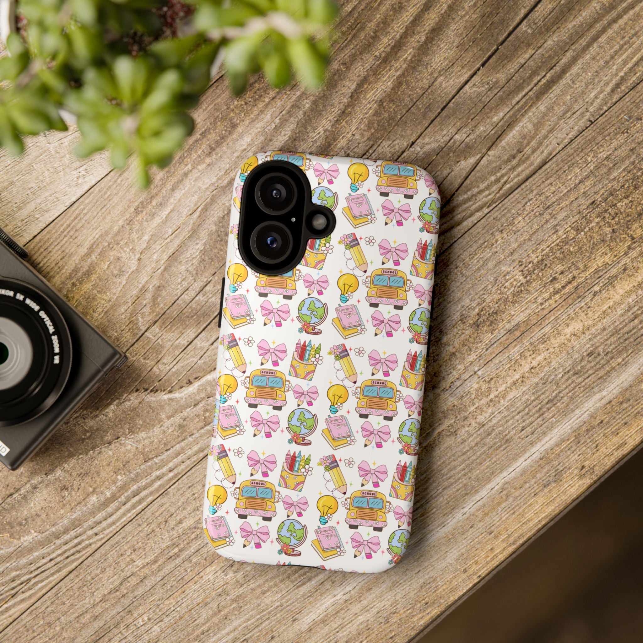 Cute School Icons Tough Phone Case — Back-to-School Pink Notebook Bus Globe Pattern