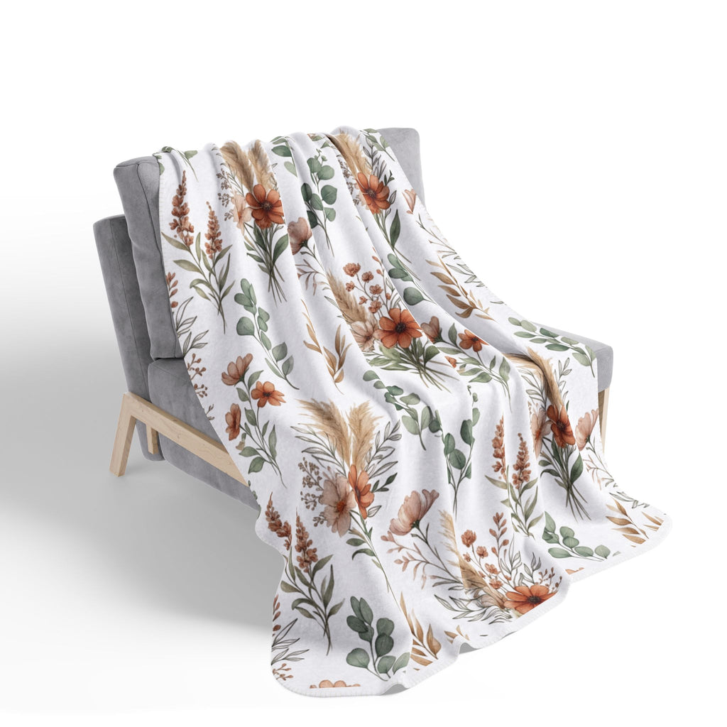 Boho Floral Sherpa Blanket — Rustic Pampas & Eucalyptus Fleece Throw