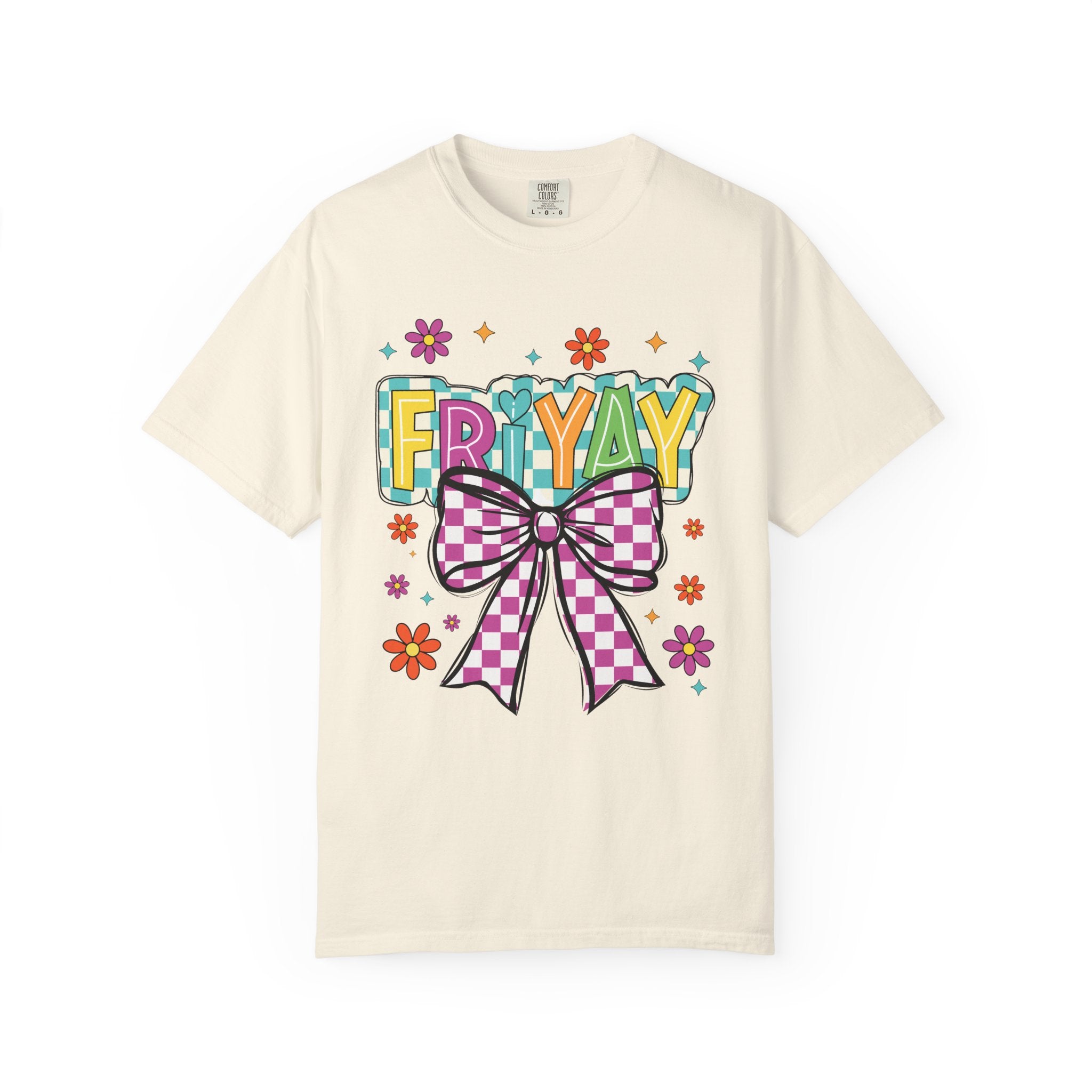 FriYay Graphic T-Shirt — Colorful Bow & Floral Retro Design