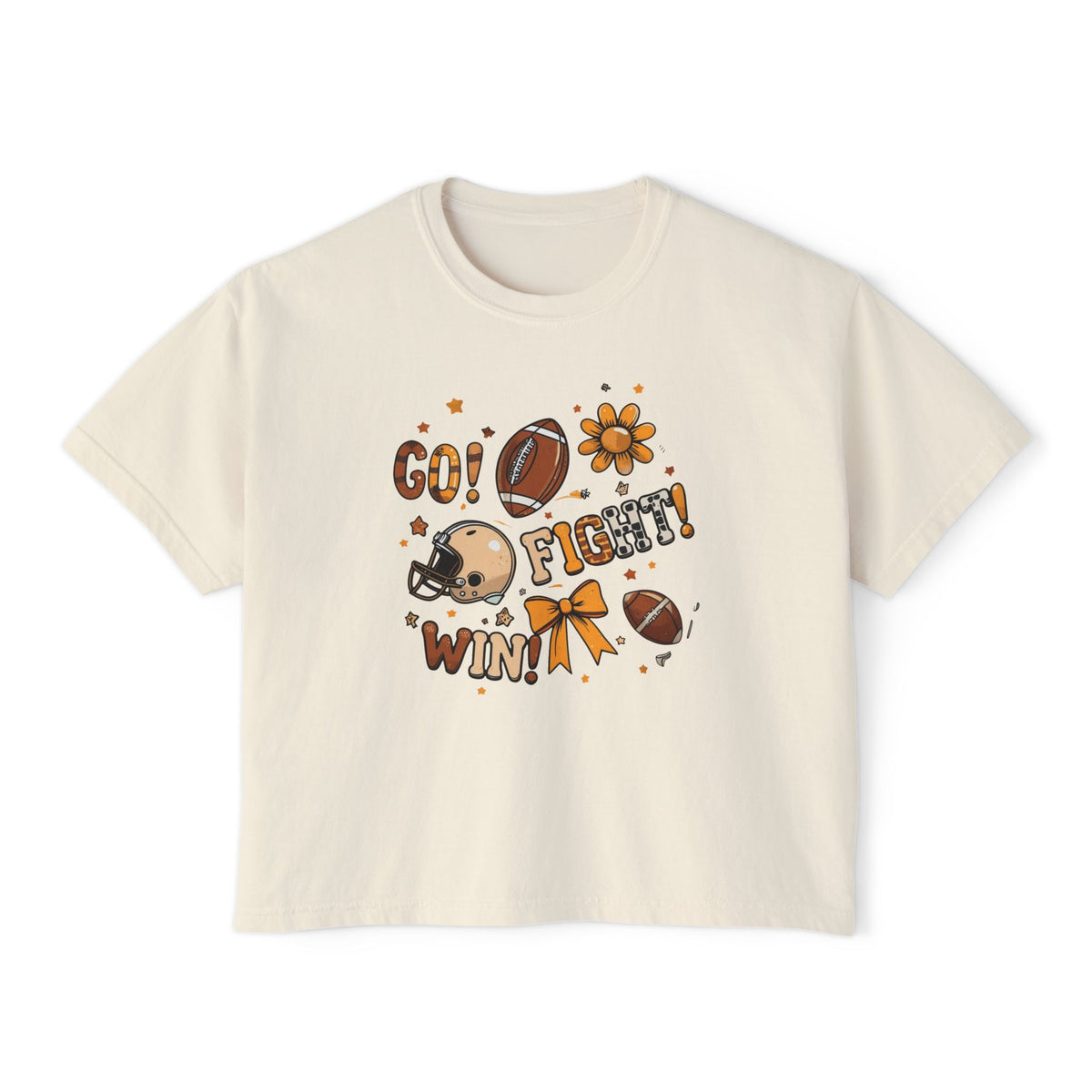 Football Cheer Boxy Tee — "Go! Fight! Win!" Women's Game Day Shirt