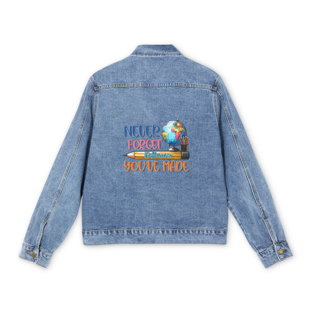 Denim Jacket — "Never Forget, Distance Youve Made" Embroidered Globe Back Jacket