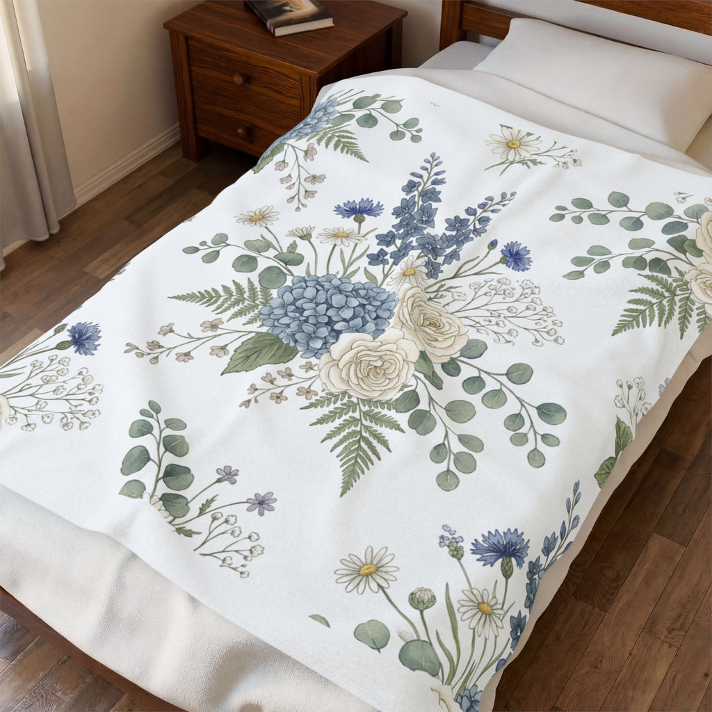 Floral Velveteen Plush Blanket — Vintage Blue & Cream Bouquet Throw