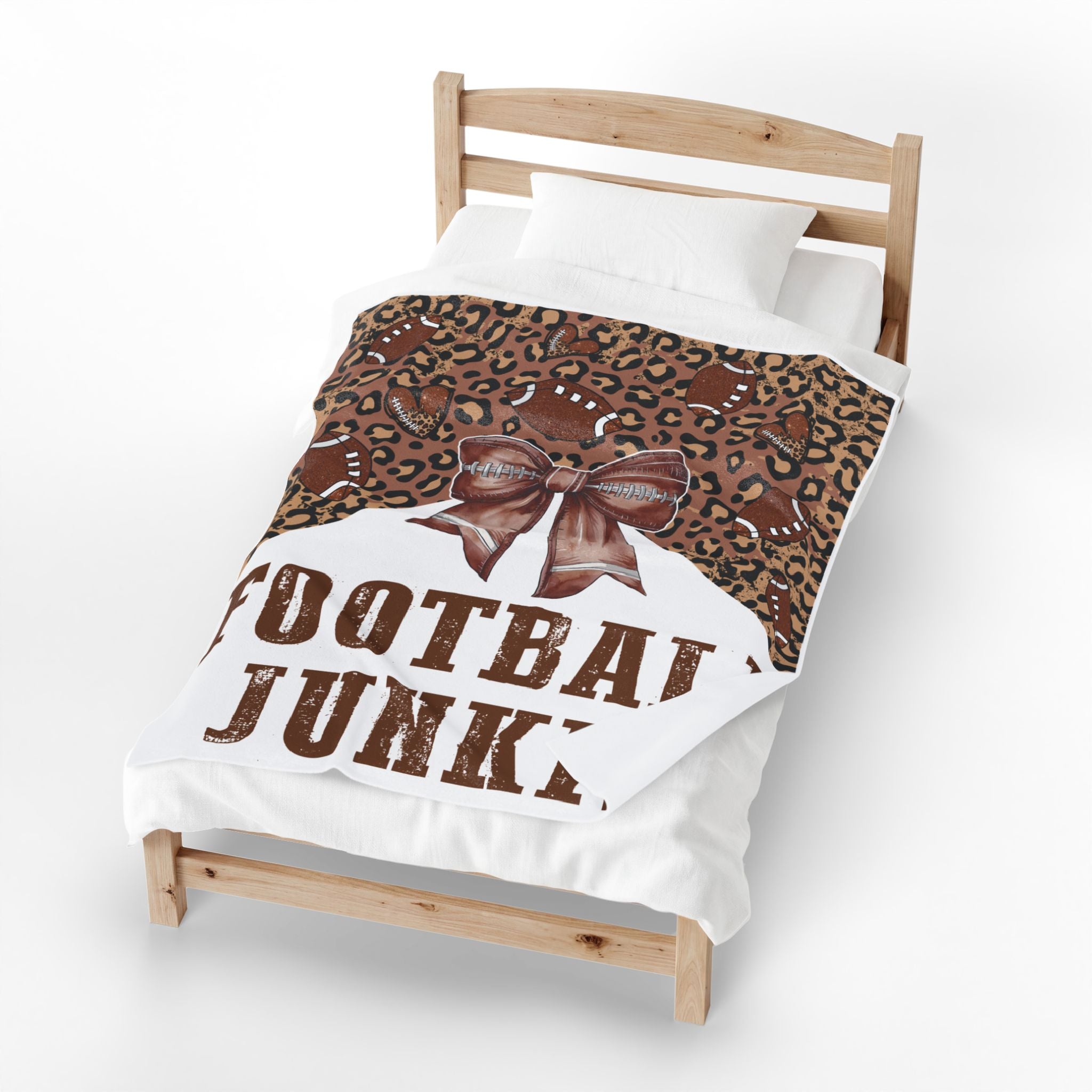 Football Junkie Velveteen Plush Blanket — Leopard Print, Football Bow Throw