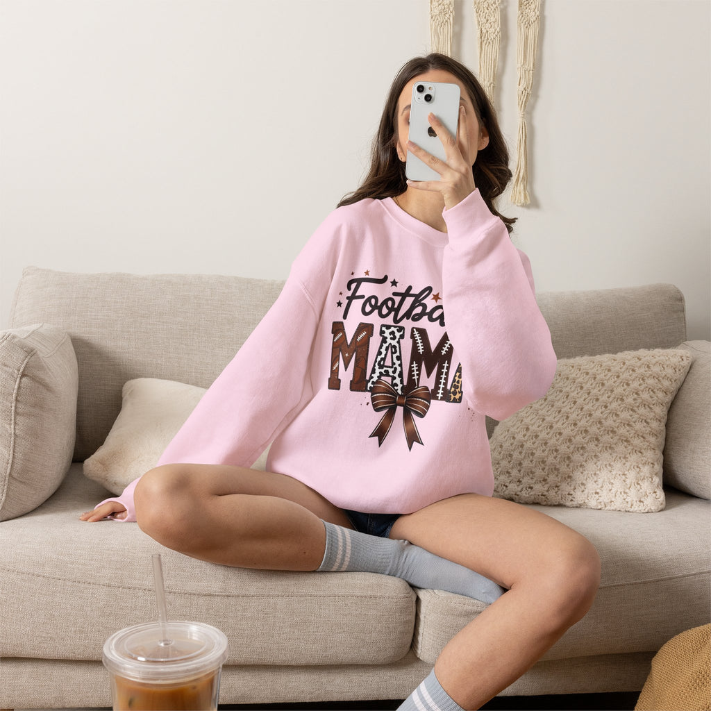 Football Mama Crewneck Sweatshirt — Leopard Print & Bow Mom Fan Pullover