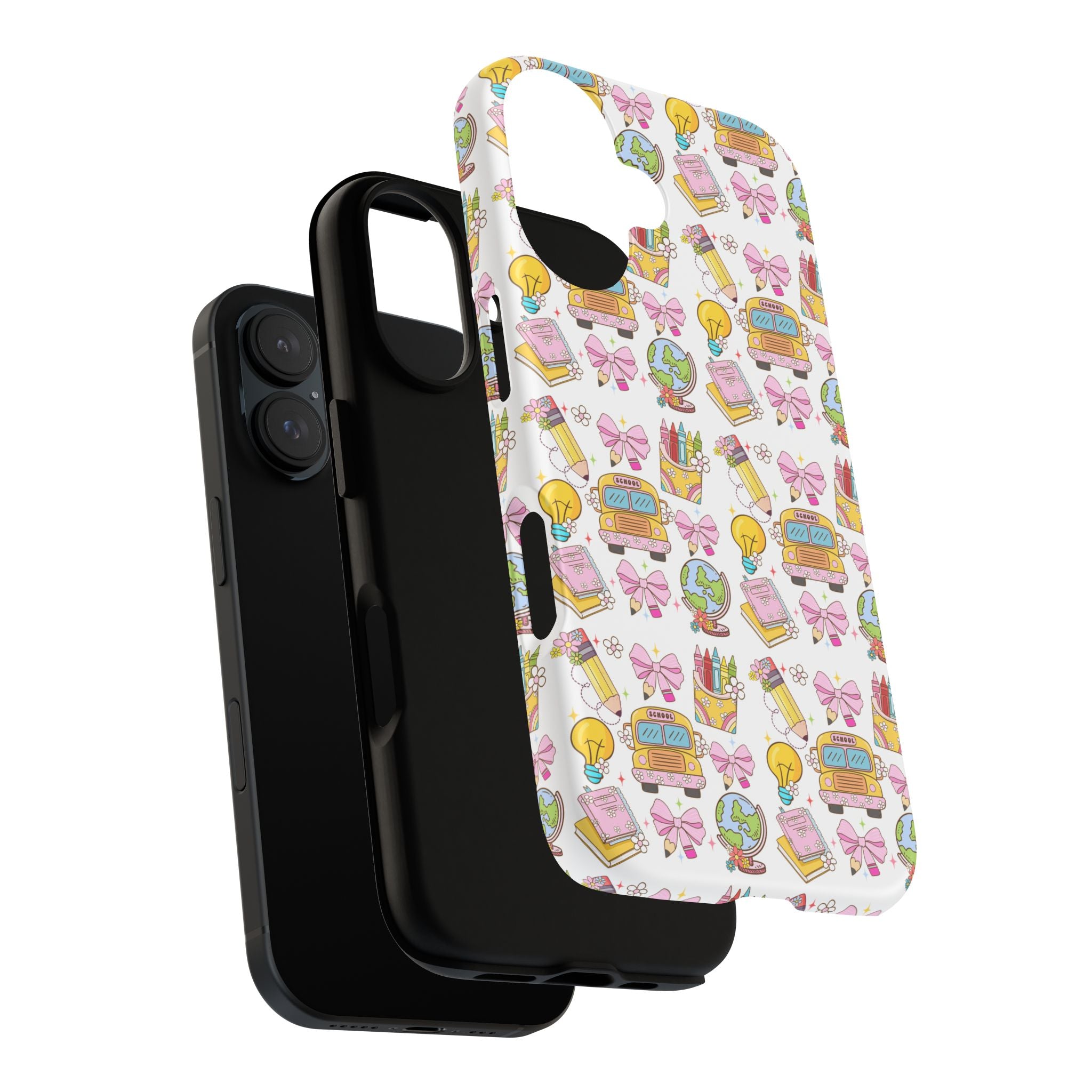 Cute School Icons Tough Phone Case — Back-to-School Pink Notebook Bus Globe Pattern