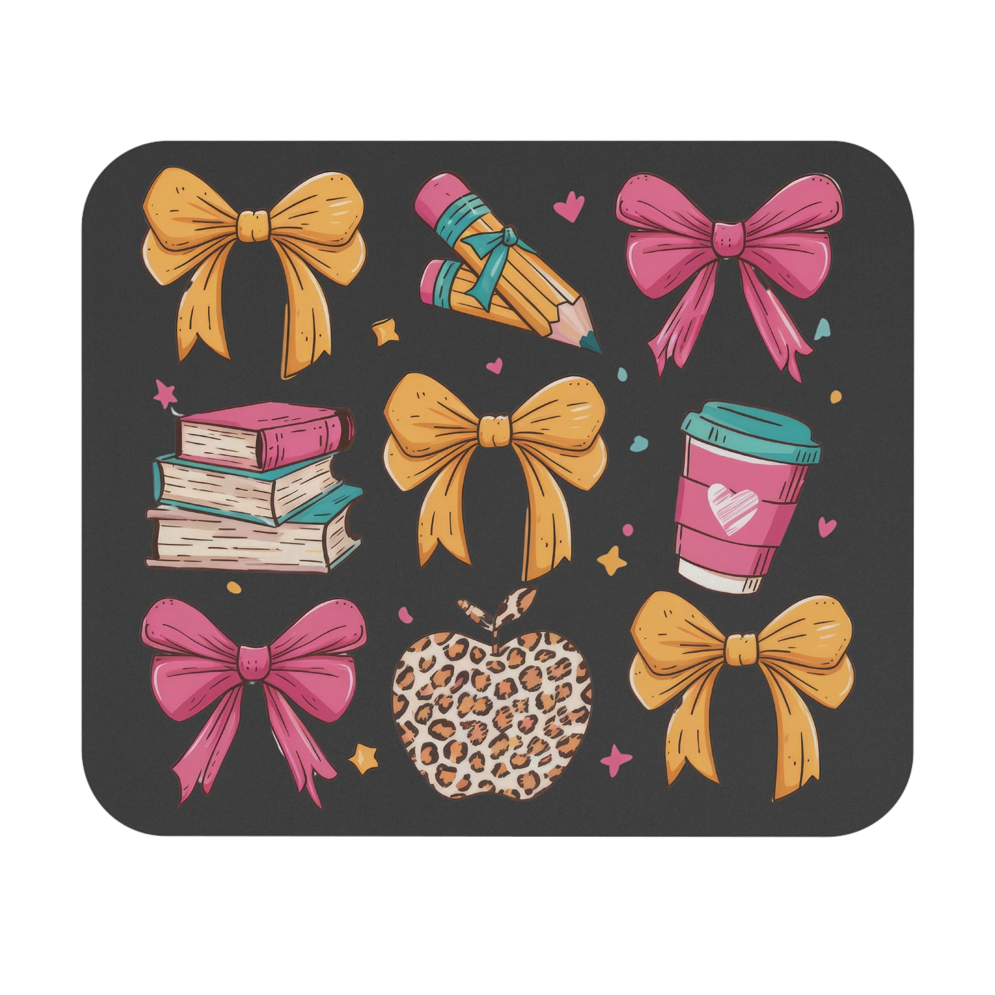 Cute Schoolgirl Bows & Books Mouse Pad — Leopard Apple, Pencils & Coffee Desk Mat