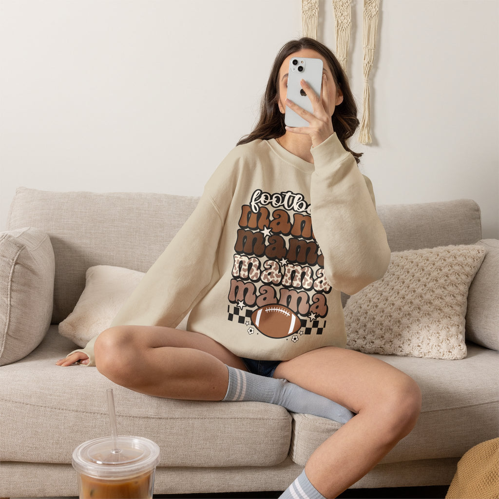 Football Mama Crewneck Sweatshirt — Retro Stacked "Mama" Design for Game Day
