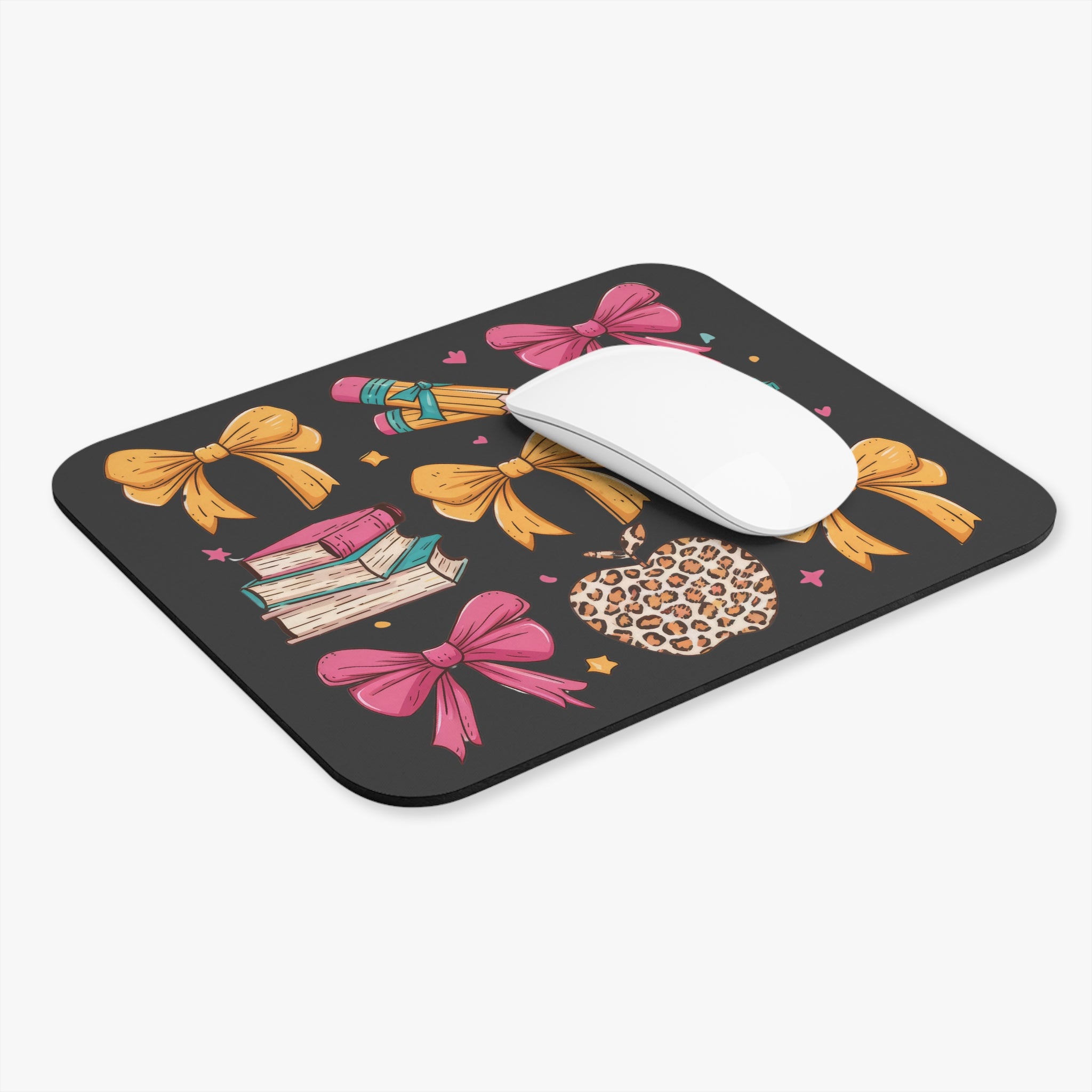 Cute Schoolgirl Bows & Books Mouse Pad — Leopard Apple, Pencils & Coffee Desk Mat