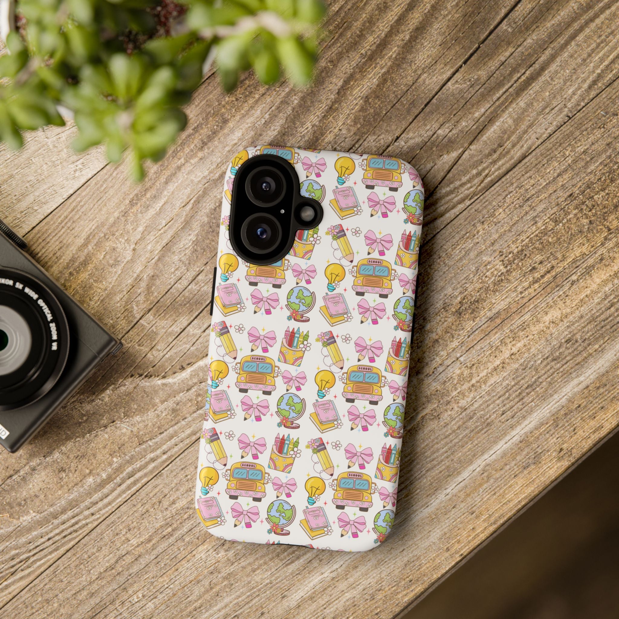 Cute School Icons Tough Phone Case — Back-to-School Pink Notebook Bus Globe Pattern