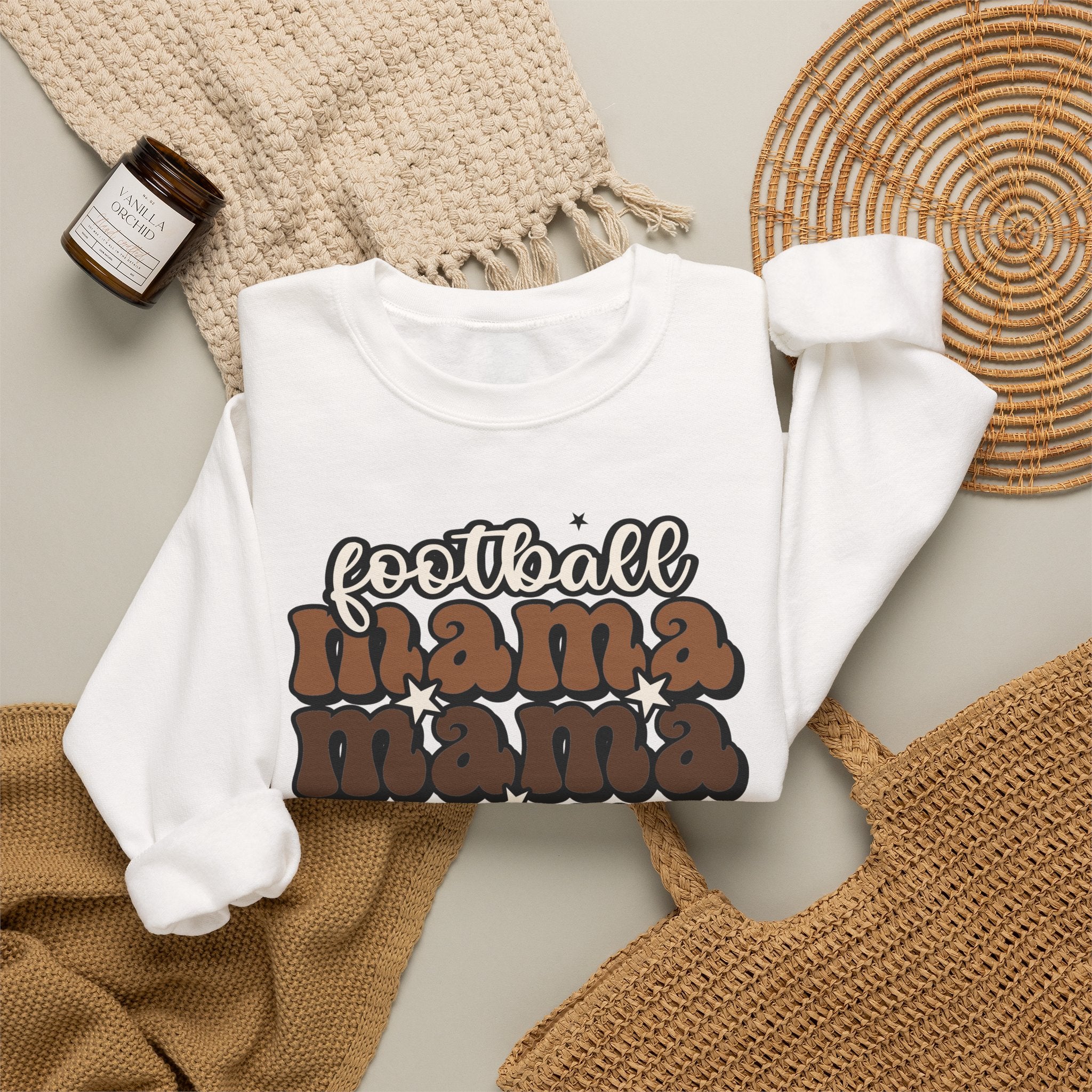 Football Mama Crewneck Sweatshirt — Retro Stacked "Mama" Design for Game Day