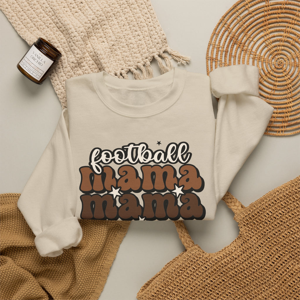 Football Mama Crewneck Sweatshirt — Retro Stacked "Mama" Design for Game Day
