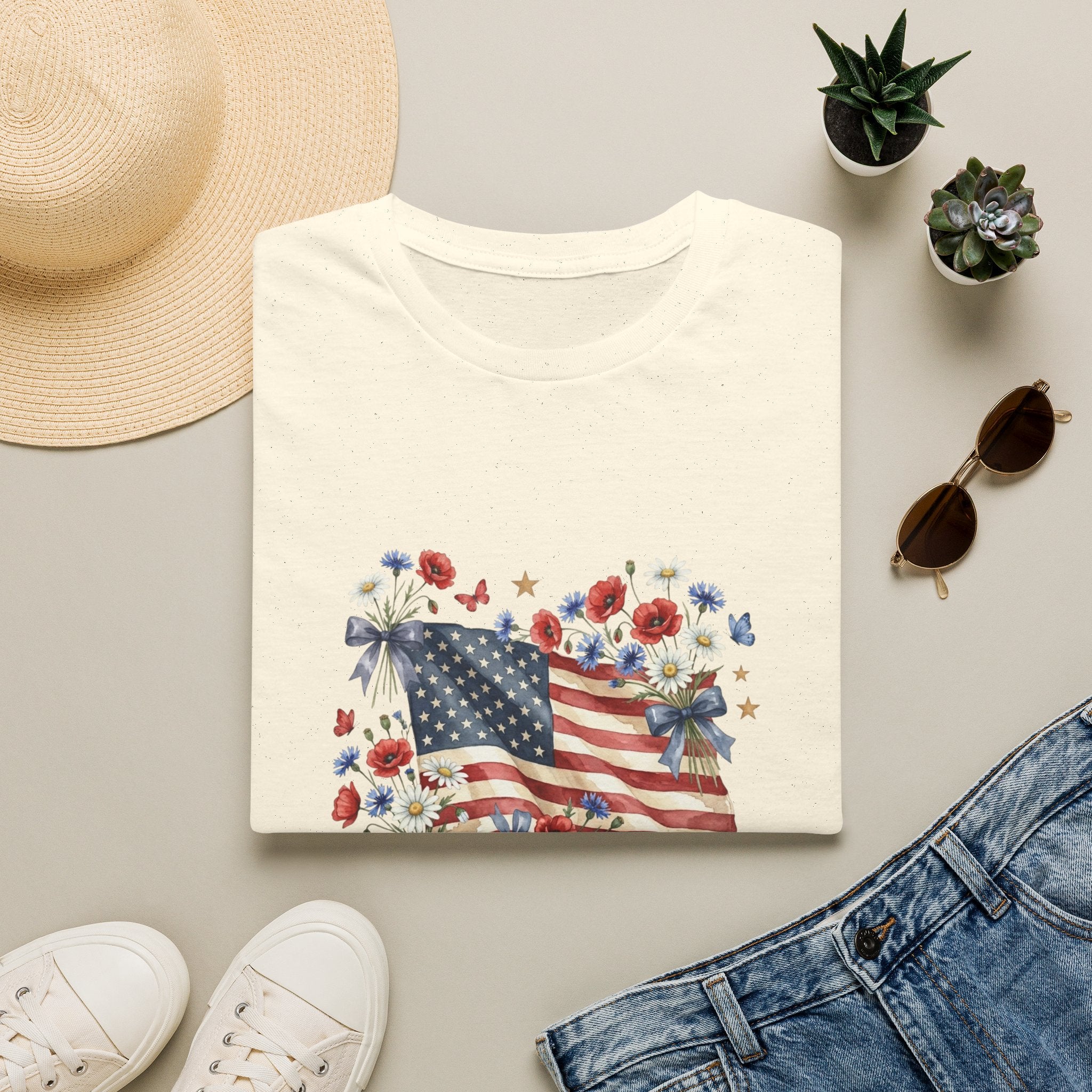 American Flag Floral Tee | Patriotic Flag T-Shirt, Vintage Stars & Roses