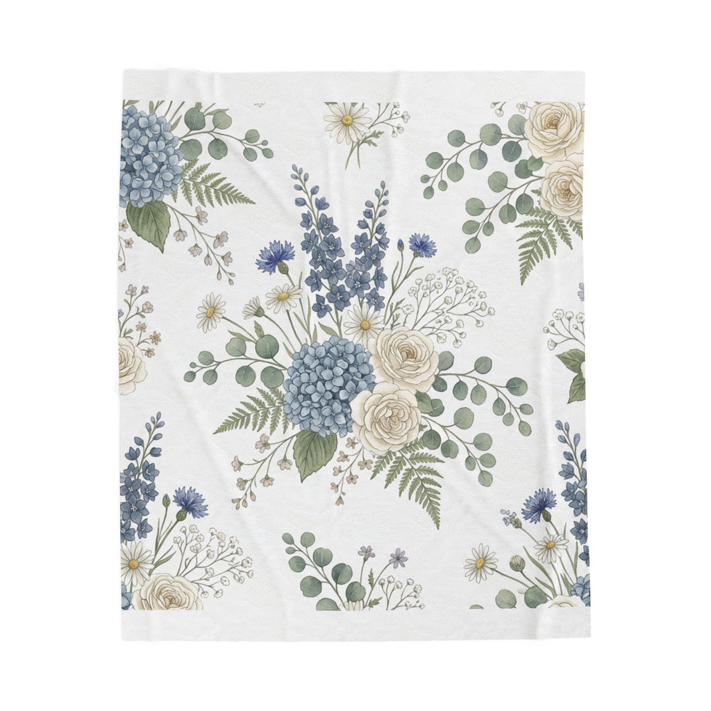 Floral Velveteen Plush Blanket — Vintage Blue & Cream Bouquet Throw