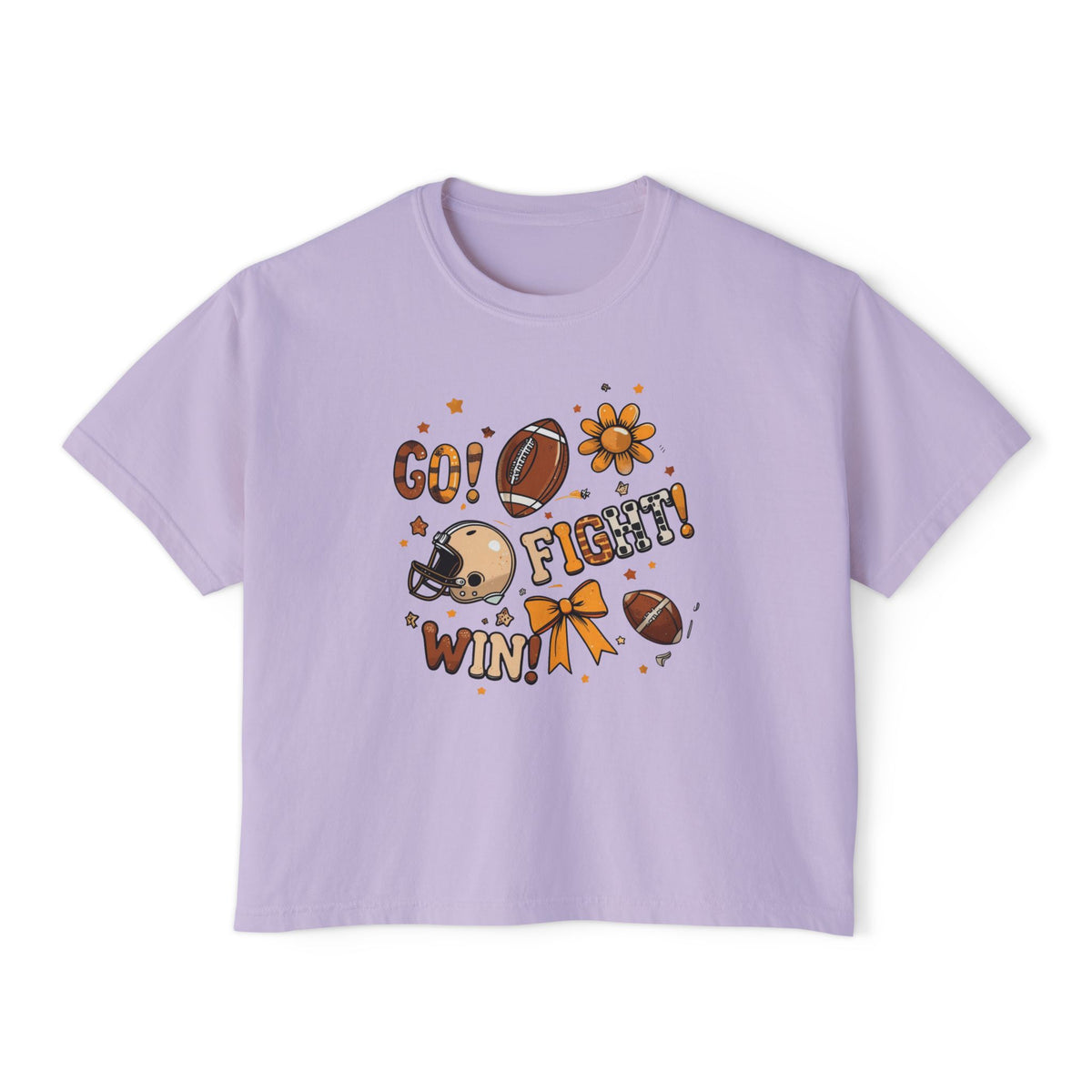 Football Cheer Boxy Tee — "Go! Fight! Win!" Women's Game Day Shirt