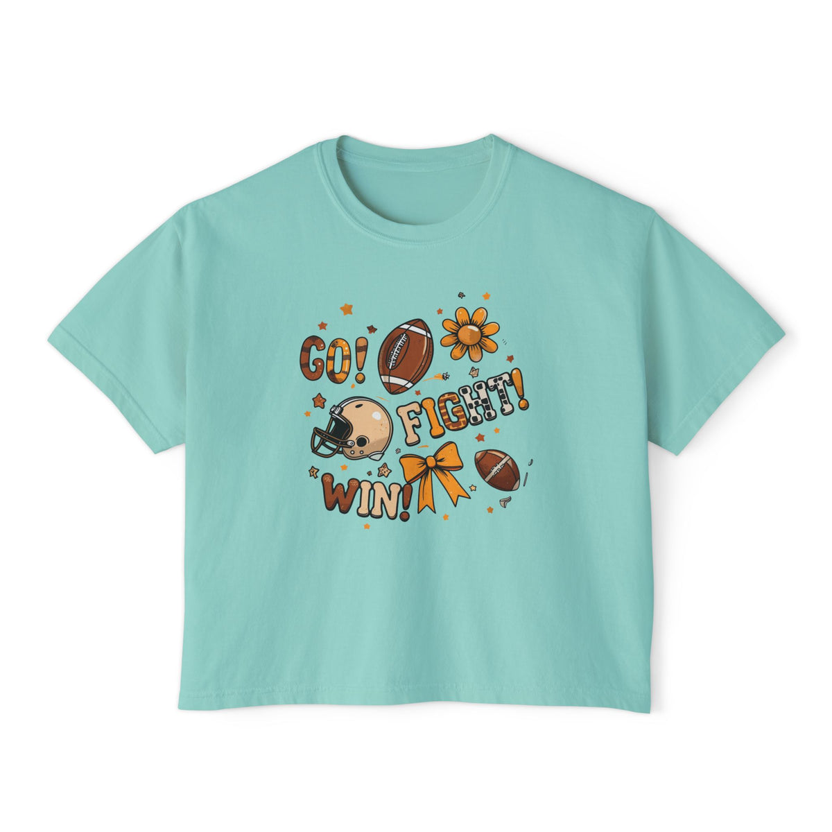 Football Cheer Boxy Tee — "Go! Fight! Win!" Women's Game Day Shirt