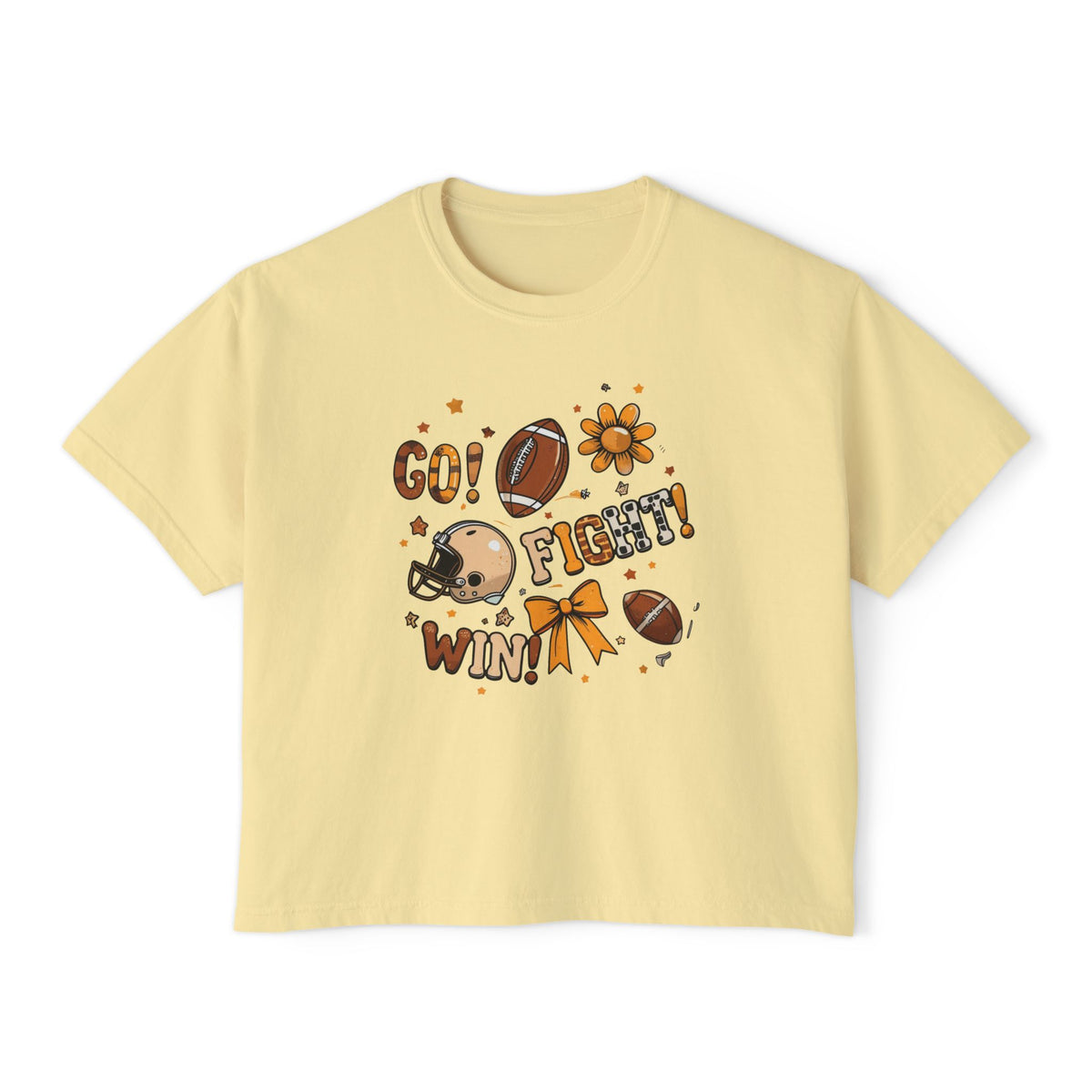 Football Cheer Boxy Tee — "Go! Fight! Win!" Women's Game Day Shirt