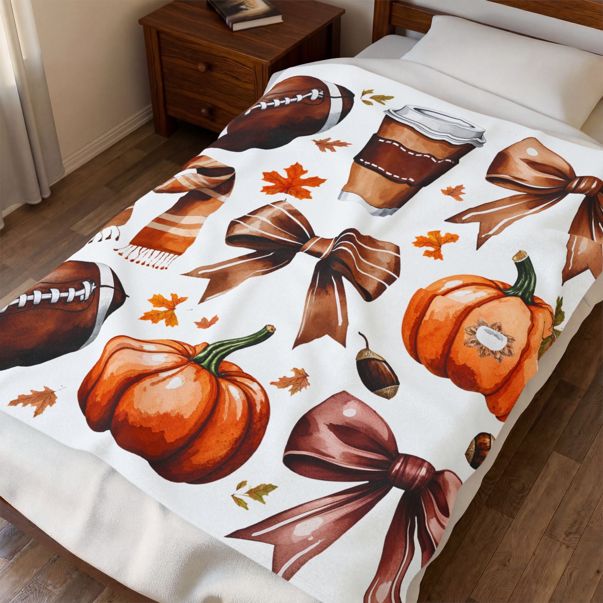 Autumn Football & Pumpkin Velveteen Plush Blanket – Cozy Fall Throw