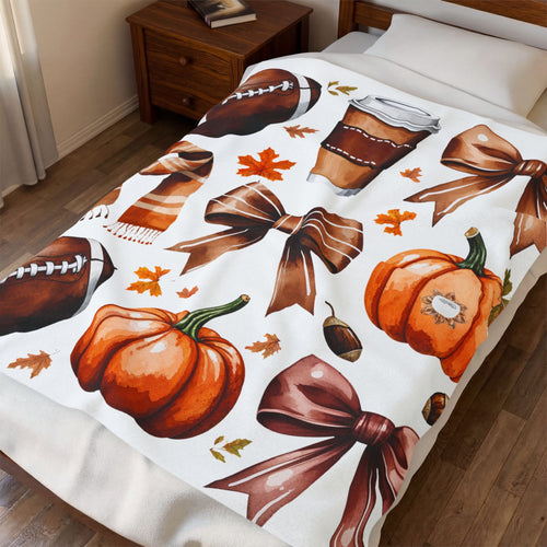 Autumn Football & Pumpkin Velveteen Plush Blanket – Cozy Fall Throw