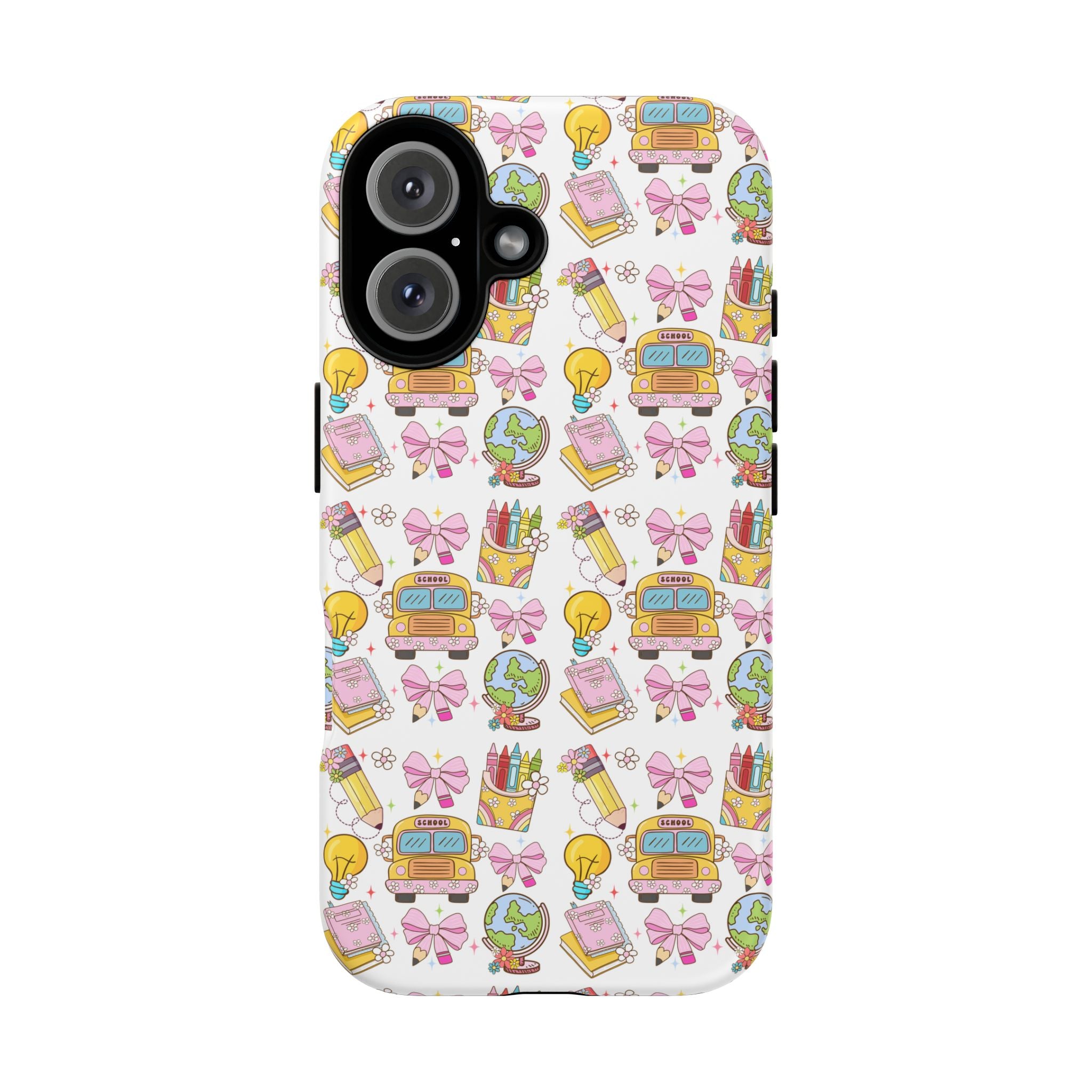 Cute School Icons Tough Phone Case — Back-to-School Pink Notebook Bus Globe Pattern