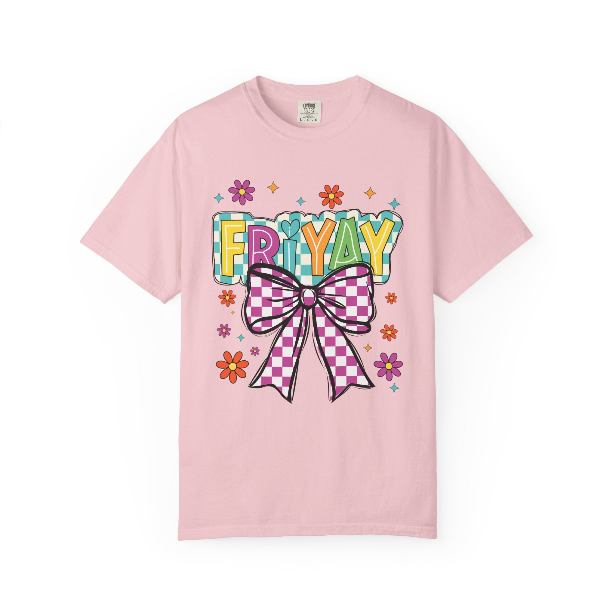 FriYay Graphic T-Shirt — Colorful Bow & Floral Retro Design