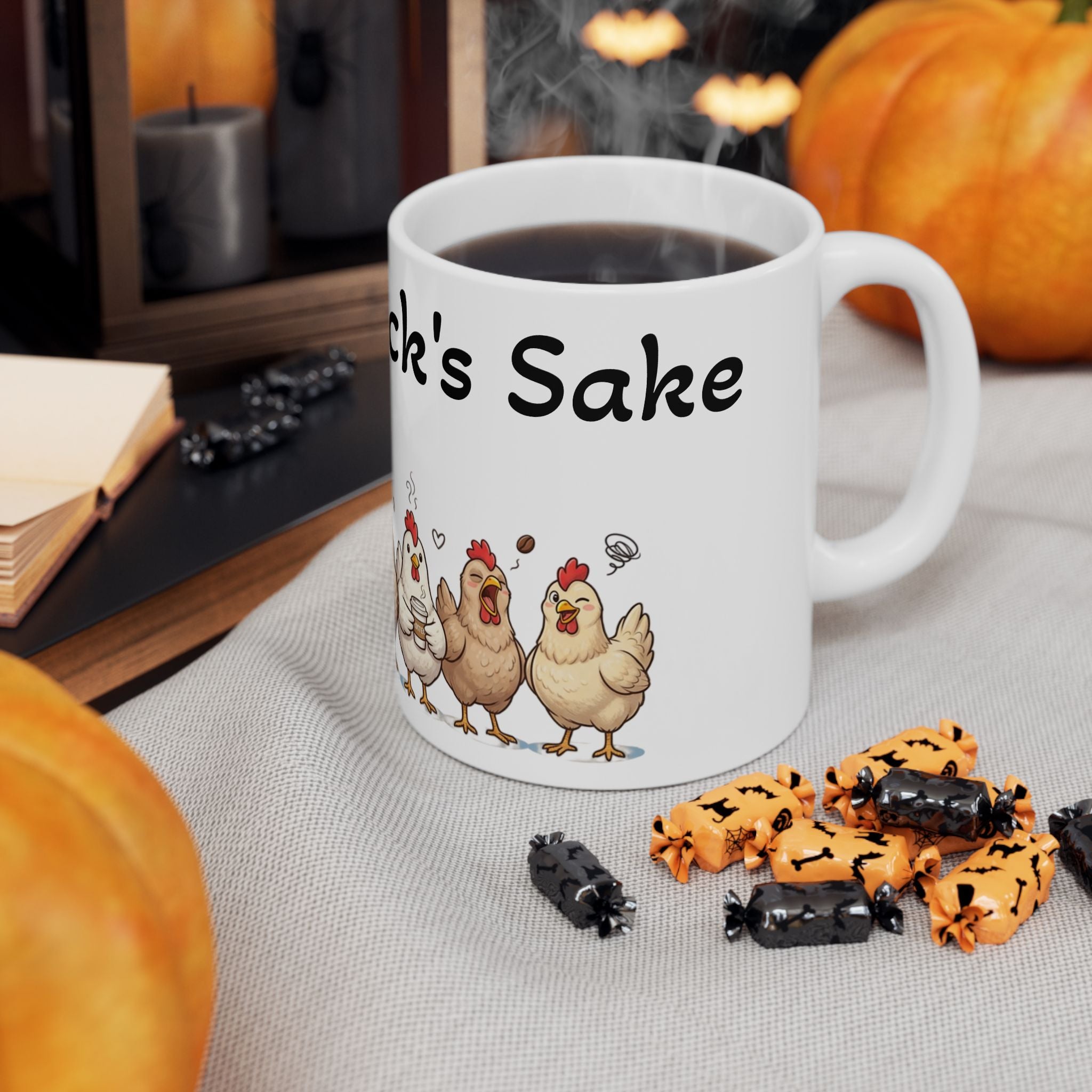 Funny Chicken Mug — “All for Cluck’s Sake” Ceramic Coffee Cup (11oz/15oz)